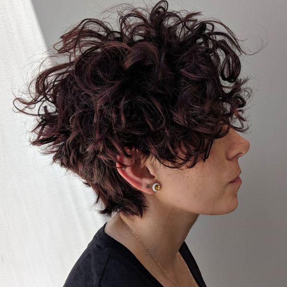Taglio corto e ribelle con ricci indomabili con colorazione scura